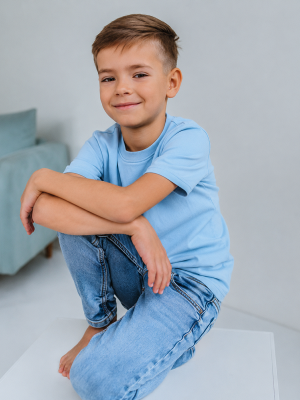Baby blue spalvos eko medvilnės palaidinė trumpomis rankovėmis